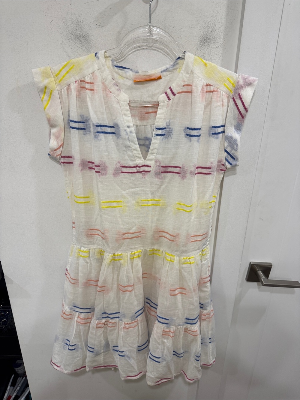 Oliphant White Tiered Dress with Yellow, Blue, Pink & Coral Stripes